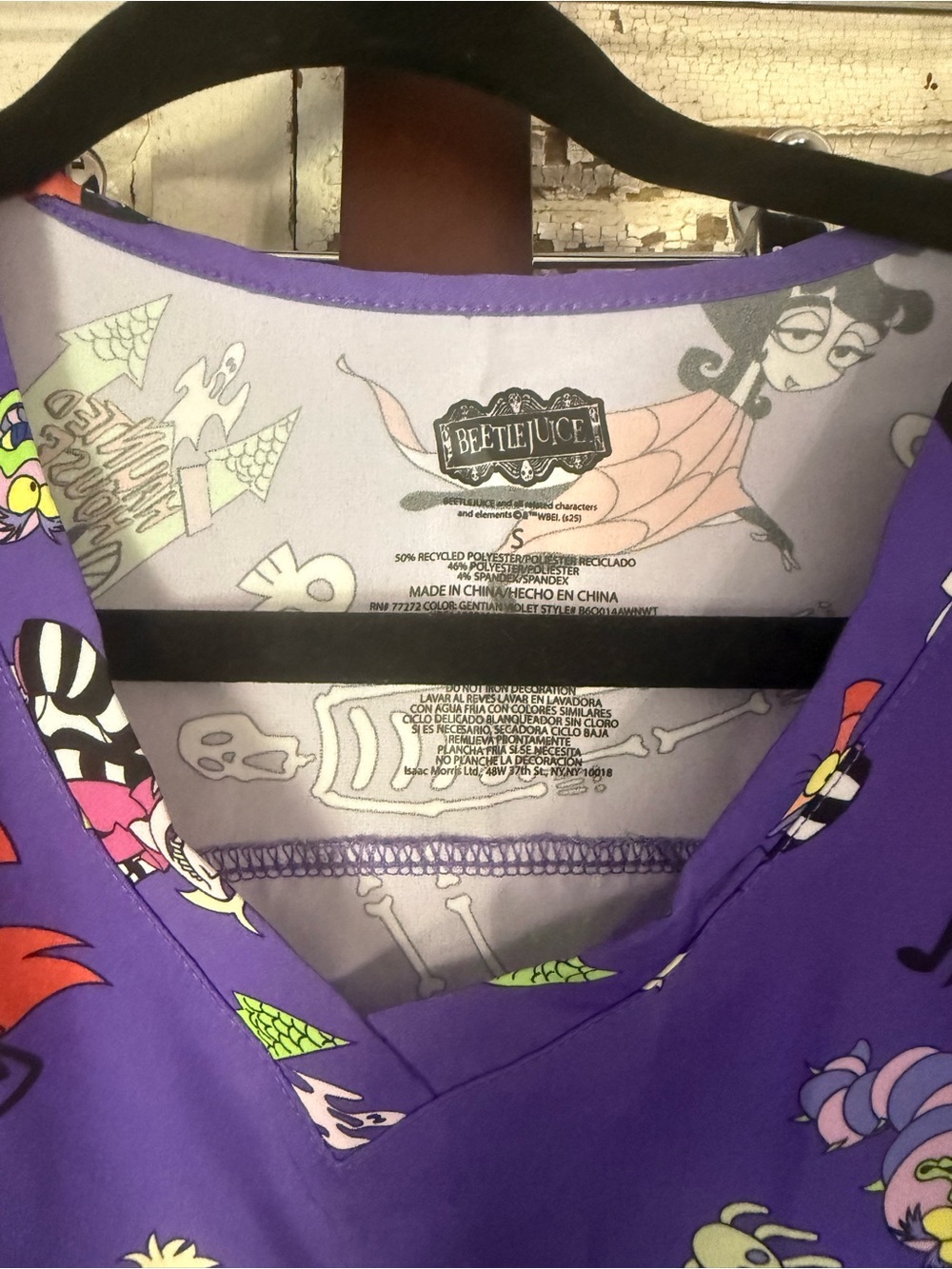 Disney Purple Scrub Top with Multicolor Beetlejuice size small/medium - Picture 3 of 3